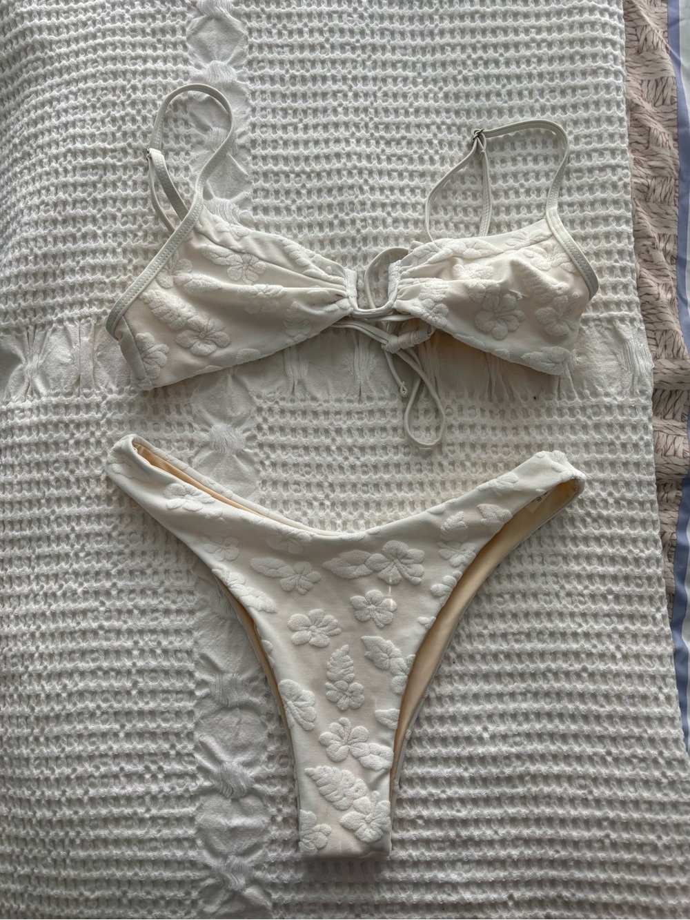 White Floral Texture Tie-Front Bikini
